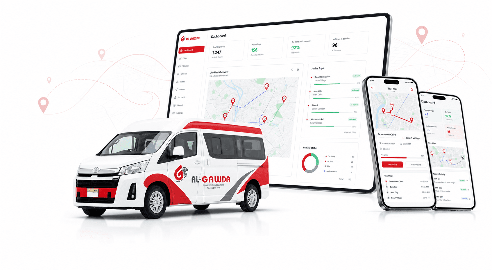 Al Gawda branded microbus with dashboard and mobile app screens